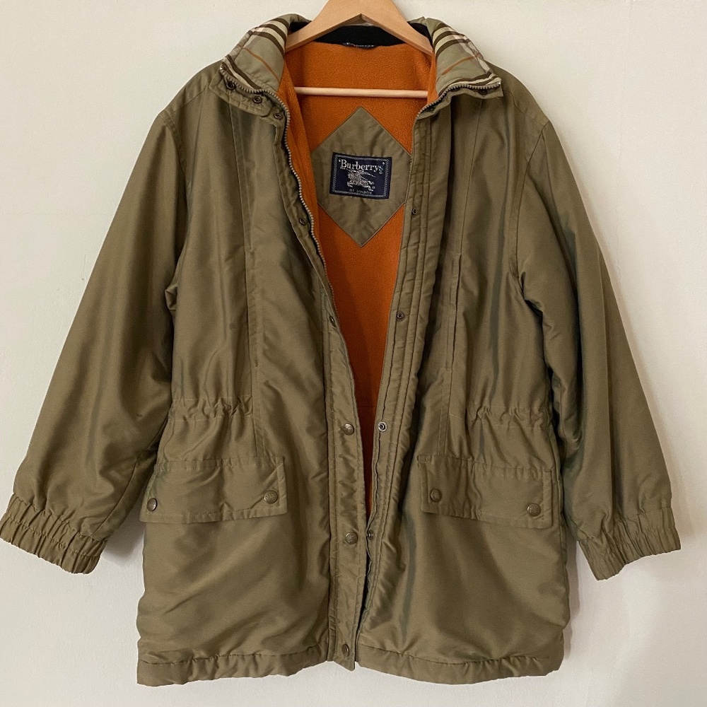 Vtg Burberrys Women Green Beige Long Sleeves Zip Snap Coat Jacket (Runs Large!)